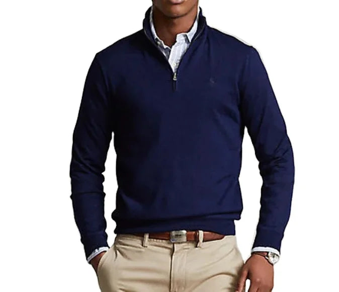 Men's 100% Cotton Long Sleeve Half Zip Sweater Regular Fit Turn-down Collar Autumn Knitted Design with Zipper Similar Cashmere