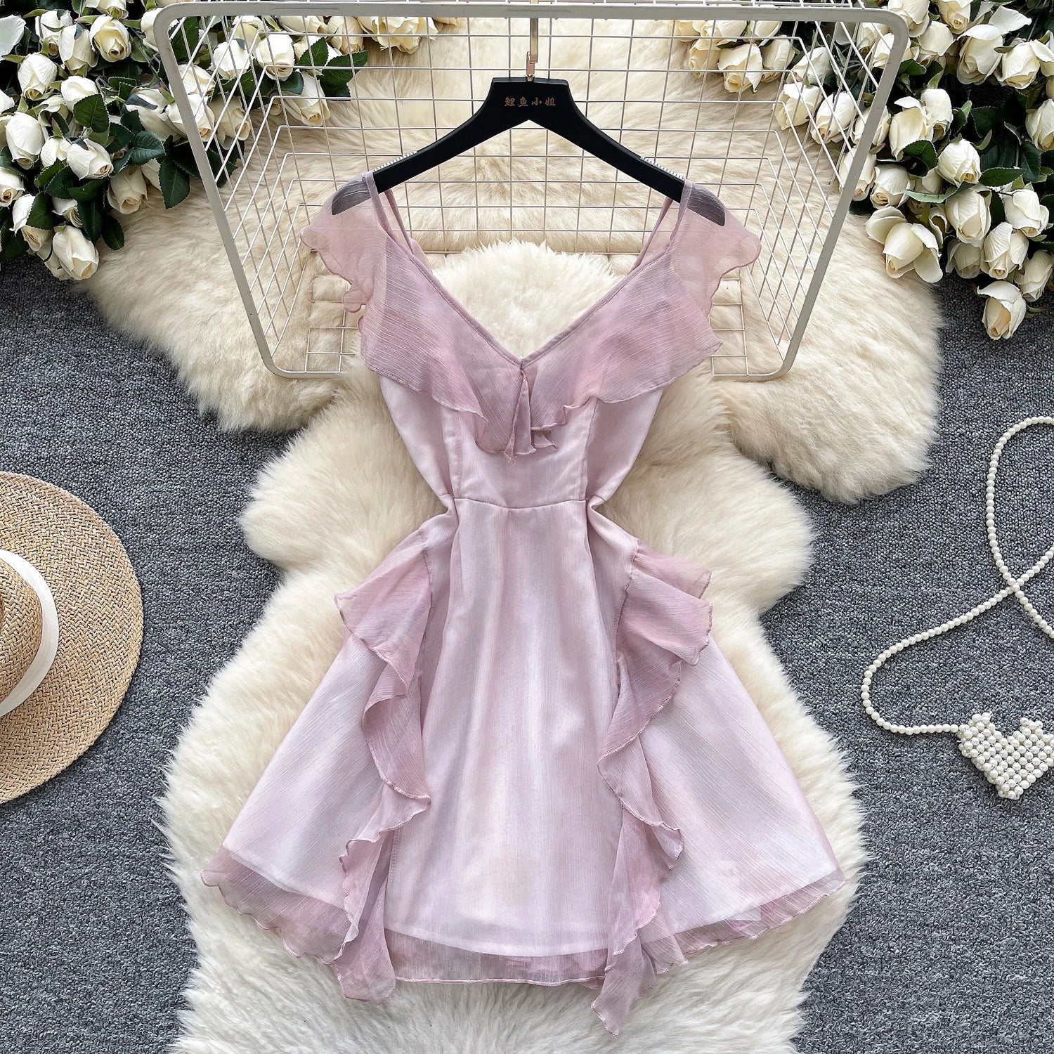 Summer Fairycore V-Neck Tunic Casual Midi Dress For Women Empire Ruffled Lace Dress