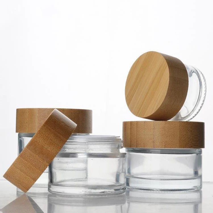 Factory Direct Custom Eco-friendly Colored Glass Jar Natural Bamboo Lid Stylish Cosmetic Storage for Loose Powder False