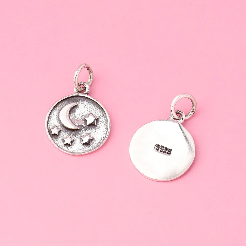 11MM Oxidized 925 Sterling Silver Ancient Coin with Stars and Moon Charm Pendant for Jewelry Making Supplies