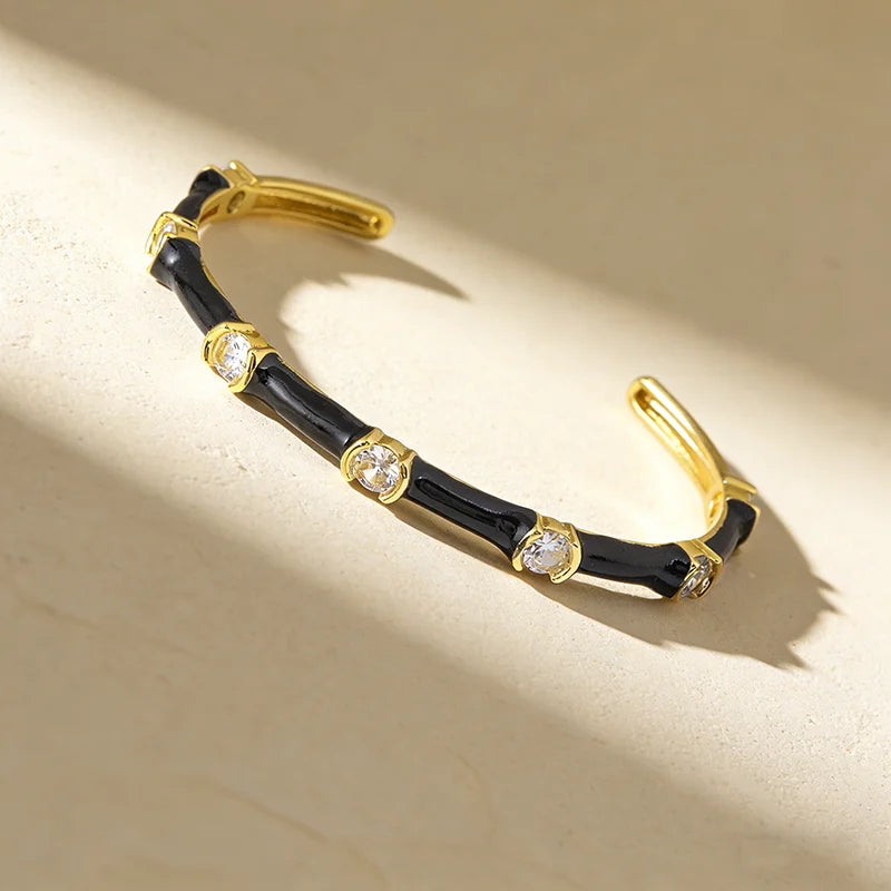 QIKU Simple Design Bamboo Shape Candy Color Open Cuff Bracelet Cubic Zircon Copper Adjustable Bangles Charm Jewelry Wholesale