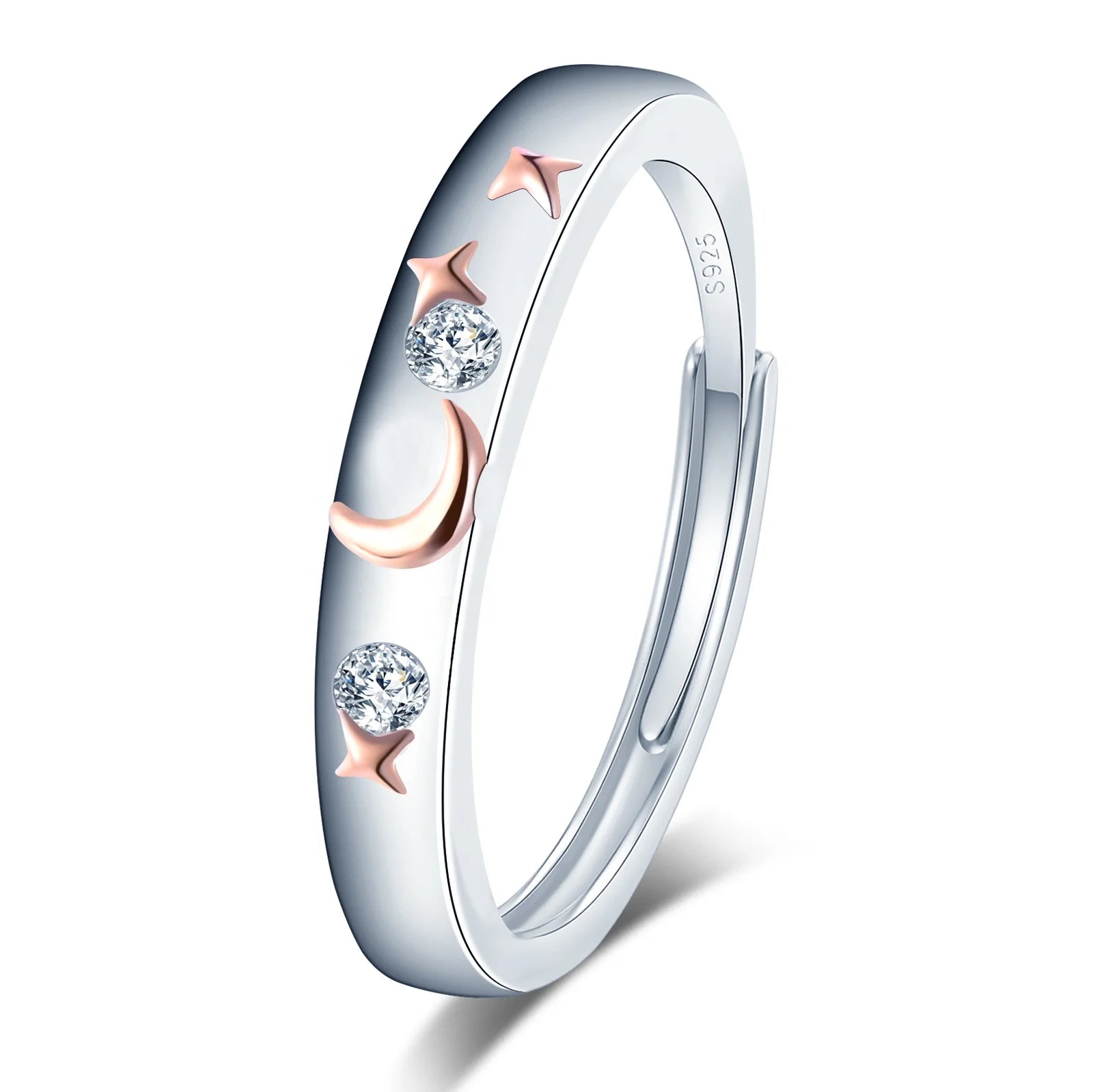 Adjustable S925 Sterling Silver Open Band Ring Women's Trendy Diamond Moon and Star Wedding Jewelry for Party and Anniversary