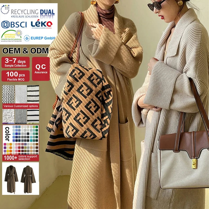 Autumn Winter Women's Loose V-Neck Maxi Cardigan Jacket Casual Loose Twist Knitwear with Front Logo Lace-Up Design