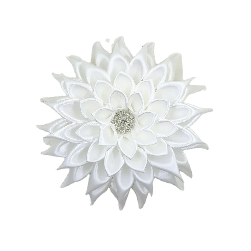 5 Inch All White Wedding Engagement Gift Dress Corsage Kanzashi Satin Flower Silver Plated Crystal Rhinestone Pin Brooch