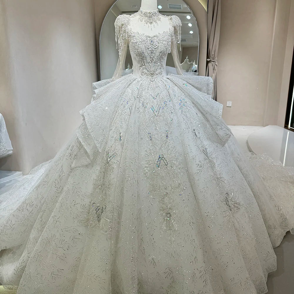 Jancember DW0077 Heavily Beaded Long Sleeve Pearls Puffy Women's Long Wedding Dresses