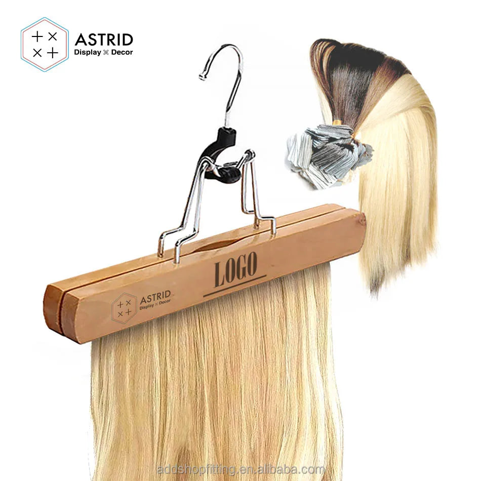 Astrid 23 CM Wooden Custom Logo Space Saving Single Wardrobe Wig Hair Extensions Hanger for Salon Display