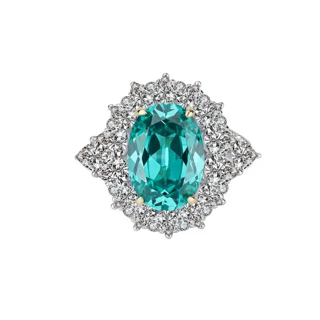 New Style Fancy Radiant Oval Cut Green With Halo Around Diamond Engagement Ring in Sterling Silver