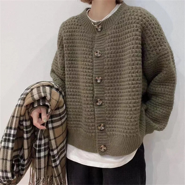 New Korean Thick Crew Neck Button Coat for Women Solid Color Gray Loose Cardigan Knitted Sweater Para Mujeres