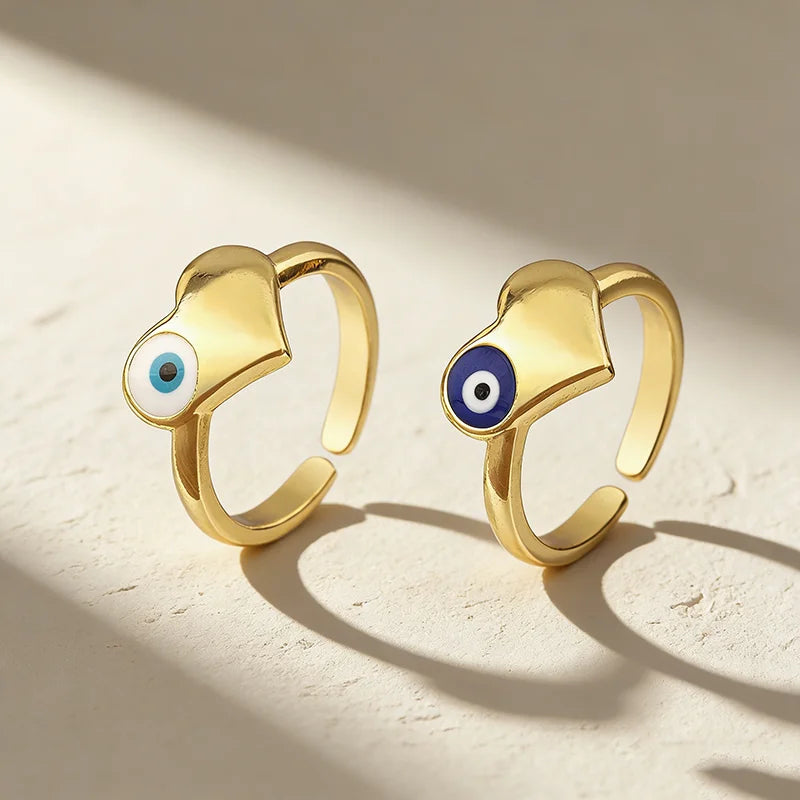 QIKU Personalized Heart with Eye Adjustable Copper Gold Plated Ring for Women and Men Creative Daily Wear and Unique Gift