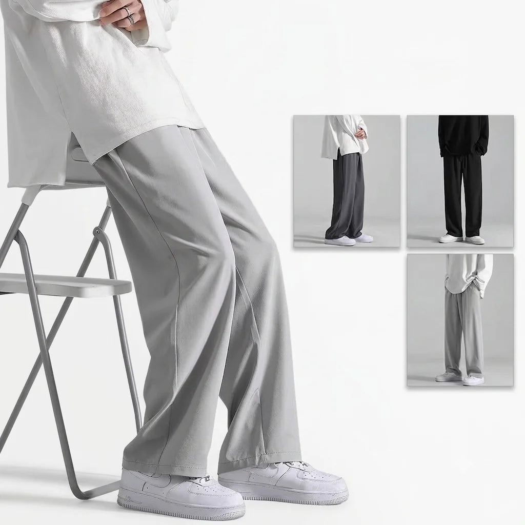 China Bangladesh Factory Price OEM Customized Logo Embroidery Ice Silk Loose Fit Wide Leg Straight Men Casual Pants MegaBDM