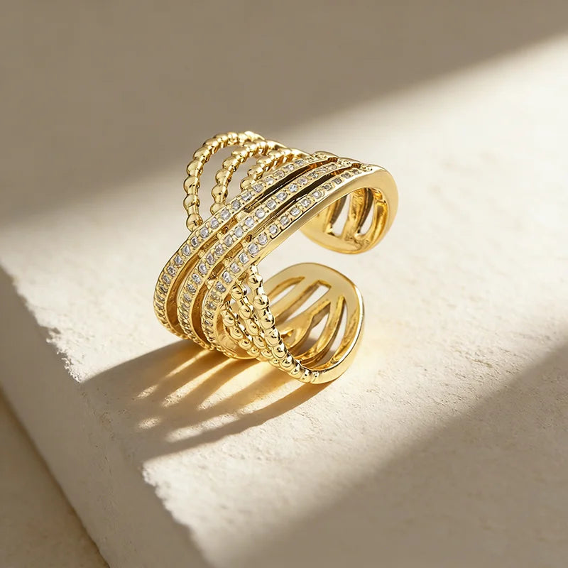 QIKU Fashion Gold Color Multilayer Crystal Opening Adjustable Rings Women Wedding Party Jewelry Accessories Wholesale Factory