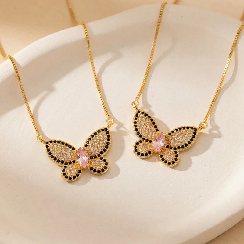 QIKU Fashion Butterfly Pendant Necklace Copper Zirconia Gold Color Chain Choker Party Birthday Gift Women Jewelry