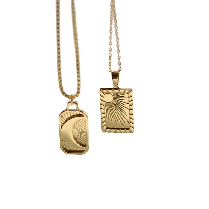 18k Gold Plated Sunburst Star Necklace Rectangle Pendant Necklace Stainless Steel Jewelry Wholesale