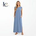 Women's Summer Sleeveless Midi Dress Square Neck Ribbed Knit Bodycon Side Slit Casual Office Vacation Dress Wholesale MegaBDM