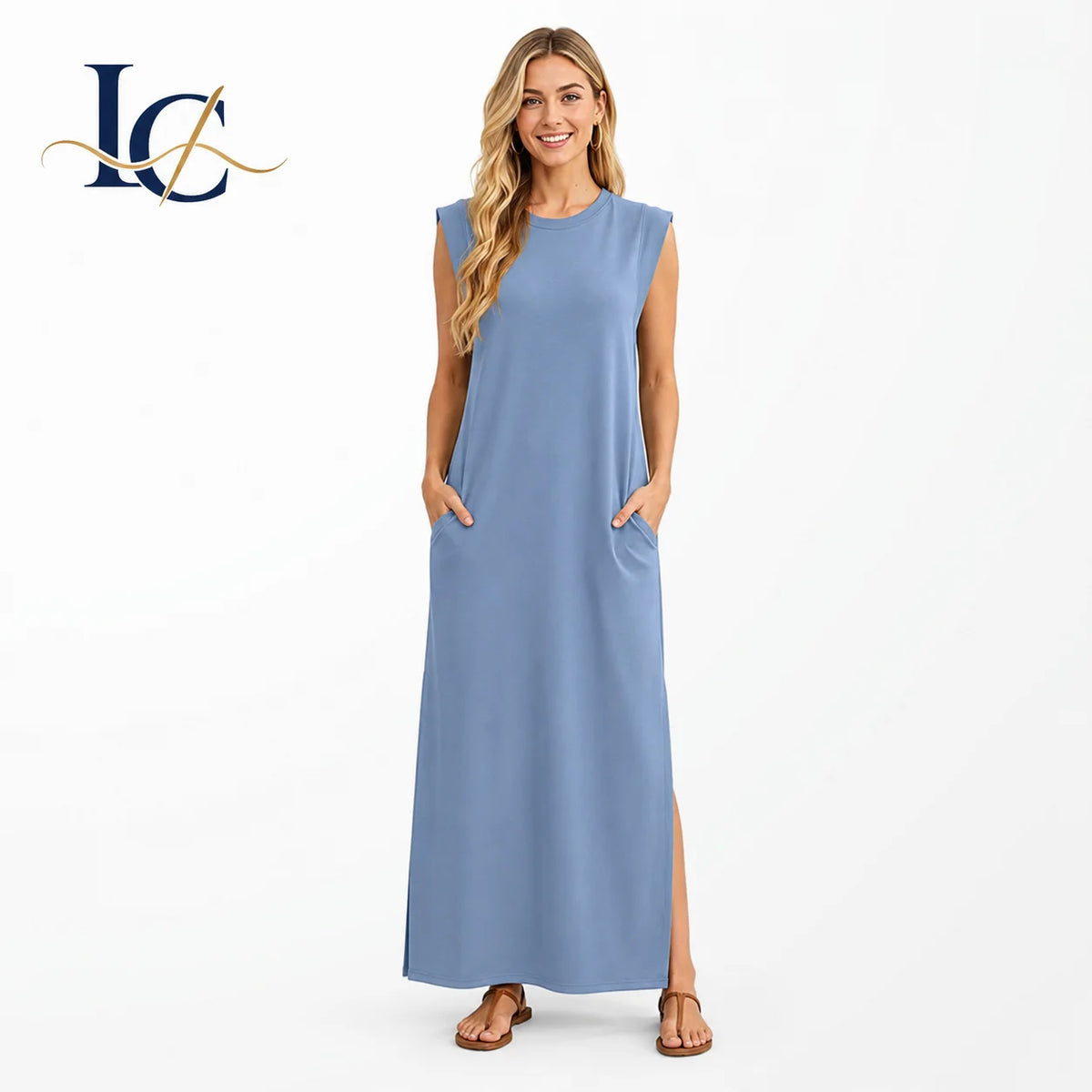 Women's Summer Sleeveless Midi Dress Square Neck Ribbed Knit Bodycon Side Slit Casual Office Vacation Dress Wholesale MegaBDM