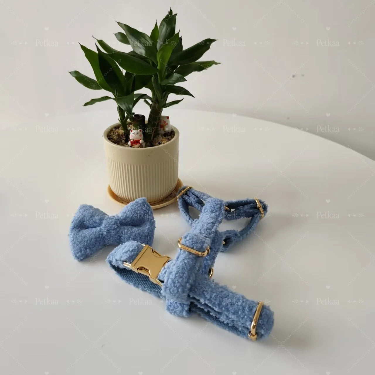 New Arrival Blue Teddy Fleece Fabric Dog Harness Collar Leash Set Adjustable Comfortable Pet Walking Harness in Stock