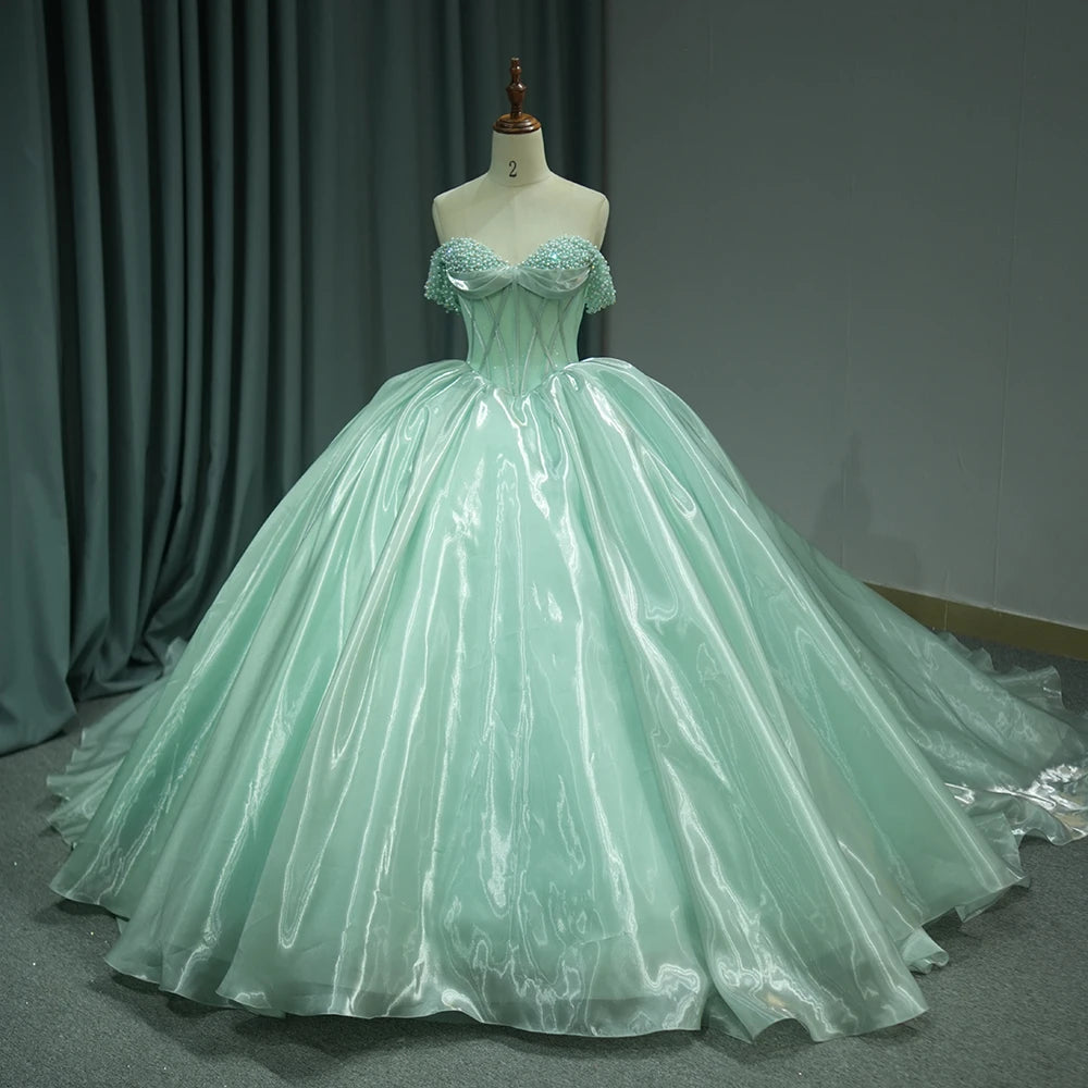 Jancember 6791 Glossy Fruit Green Pearls Silk Puffy Quinceanera Dresses for Girls
