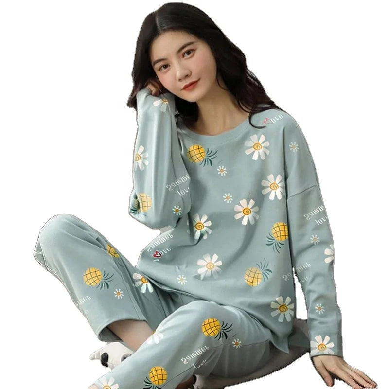 Casual Cotton Pajamas Sleep Wear Custom Pattern Letter Printed Breathable High Quality Knitted Jersey Cotton Spring/Autumn