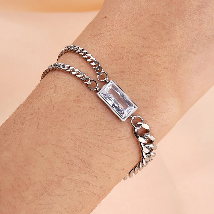 Fashion Silver Double Layer Rectangular Zircon Bracelet Stainless Steel Women's Jewelry Wholesale