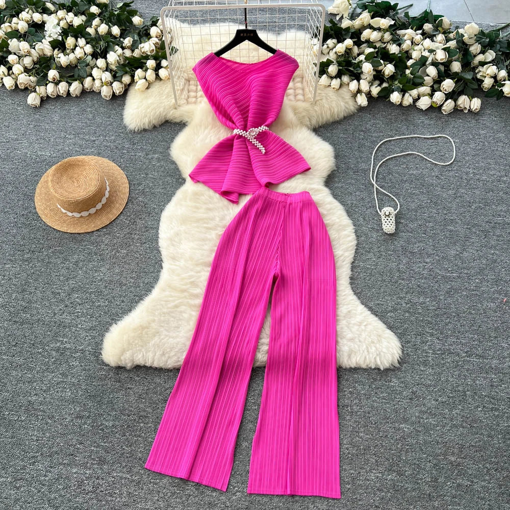 Summer Women's Casual Sets Tunic Asymmetric Bandage Top And High Waist Pleated Set American Clothing Wholesale