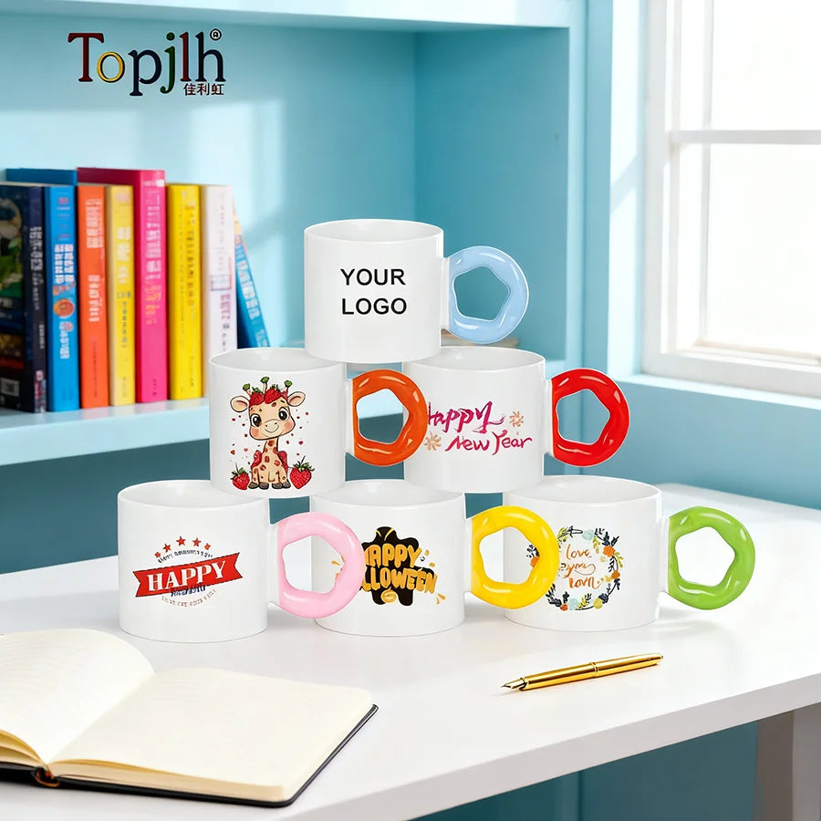 Topjlh Sublimation Ceramic 240ml Cup with Sunflower Handle Cute Coffee/Tea Cup Heat-Resistant for Home Custom Logo Accepted