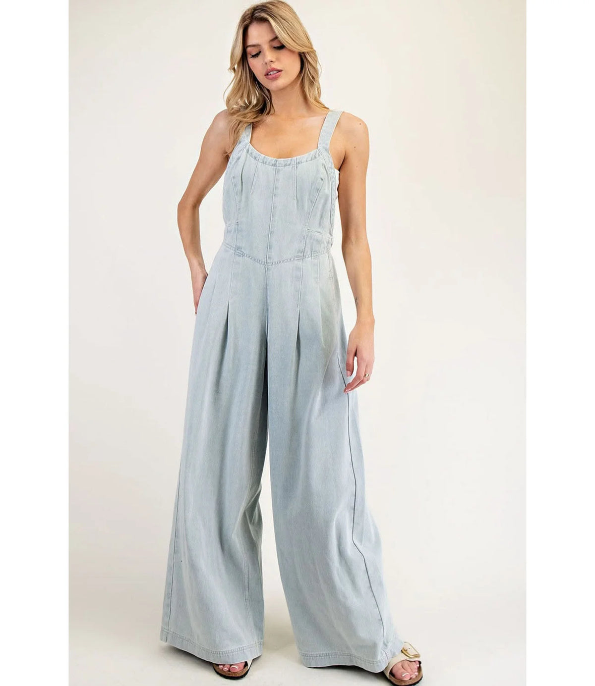 Stylish Wide Leg Light Blue Denim Overalls Romper Jumpsuit XS-XXL Light Wash Denim Scoop Neck Wide Leg Jumpsuit for Summer MegaBDM