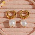 Fashion Light Luxury Stainless Steel Gold Filled Baroque Natural Fresh Water Drop Hoop Pearl Earrings for Women