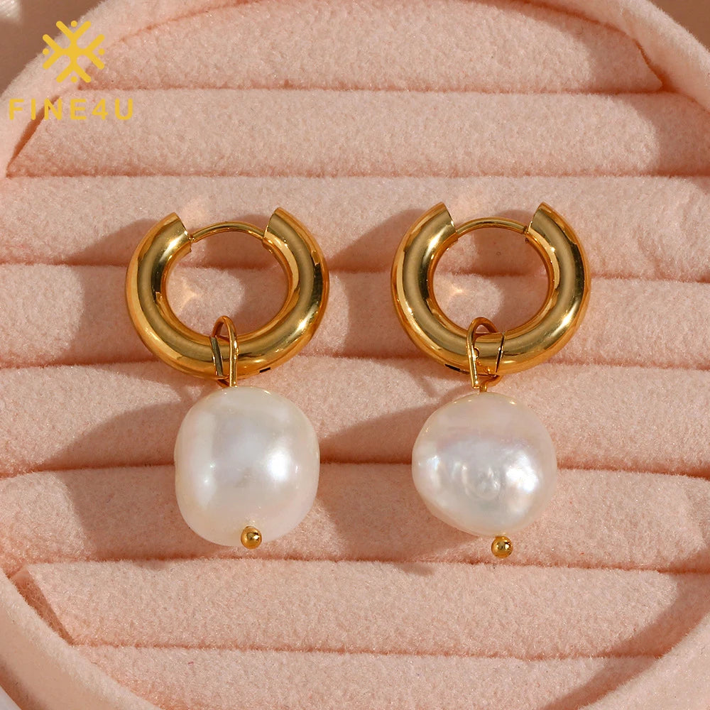 Fashion Light Luxury Stainless Steel Gold Filled Baroque Natural Fresh Water Drop Hoop Pearl Earrings for Women