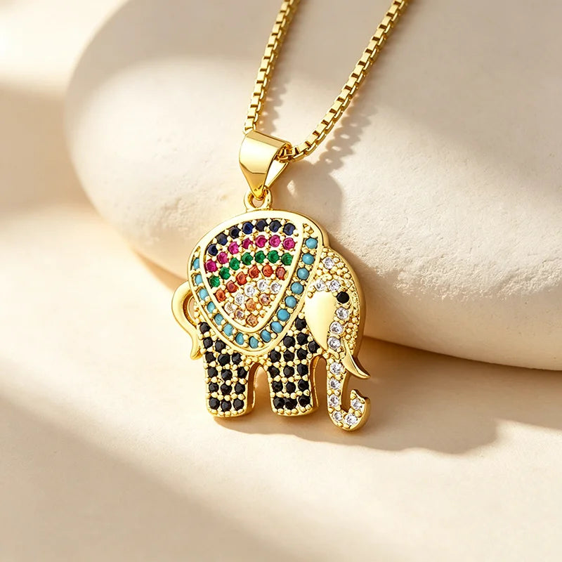 QIKU Thailand Lucky Elephant Shape Colorful Zircon Pendant Women Necklace Copper Exquisite Jewelry Accessory Gift Factory Price