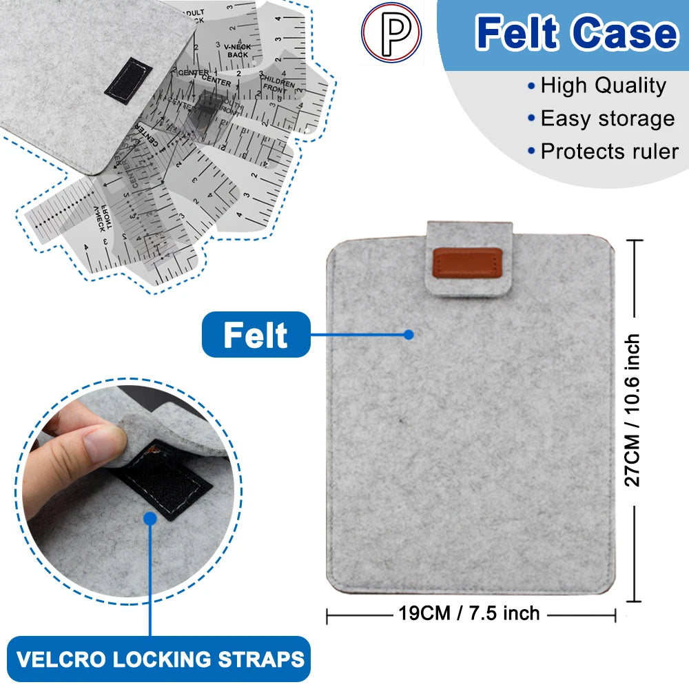 Newest DTF DTG Vinyl Alignment Ruler Kit with Felt Case for Heat Press Measurement Tool Centering X-Ruler V-Neck Round PVC Ruler
