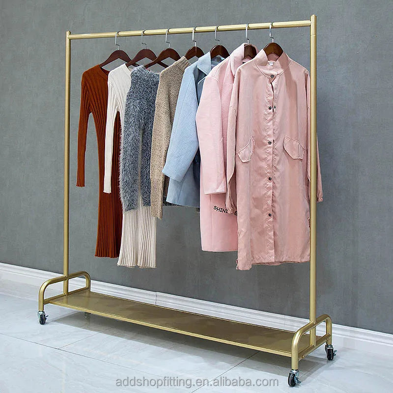 Gold Metal Movable Wheel Shelf Rail Stand Clothes Display Rack