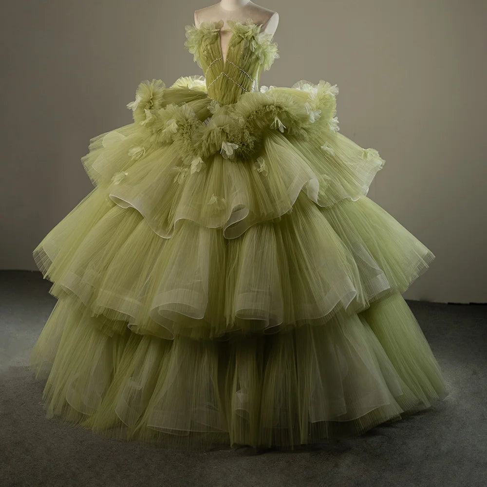 Jancember SFY188 Luxury Puffy Grass Green Cake Evening Quinceanera Party Gowns Dresses