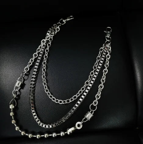 Men Trousers Metal Three Layer Cowboy Chain Hip-hop Punk Style Pants Waist Belt Key Chain Trendy Accessories