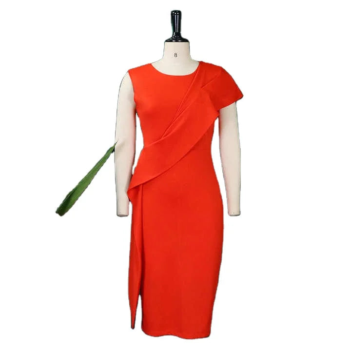 Stylish Polyester Spandex Pencil Career Dress Comfortable Stretch Satin with Lace Decoration Wrinkle-Resistant Office Use Summer