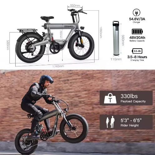 1000W 28mph Electric Dirt Bike T20 US Warehouse 20" Fat Tire 48V 20Ah Removable Battery Off-Road Dual Suspension