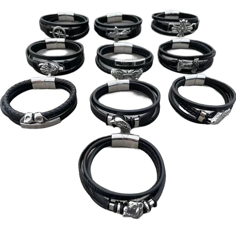 Wholesale Multilayer Braided Cross Lion Snake Wolf Magnetic Buckle Stainless Steel Leather Bracelet Men