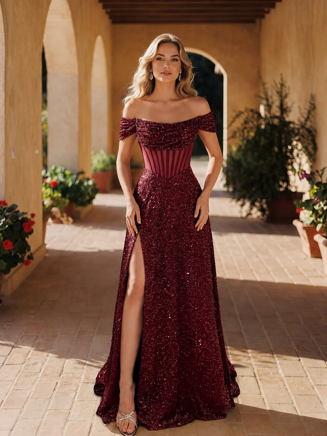 Luxury Red Women's Evening Ball Gown One-Shoulder Beaded Corset High Slit Sequin Lace Maxi Gown for Club Prom Party Wedding MegaBDM