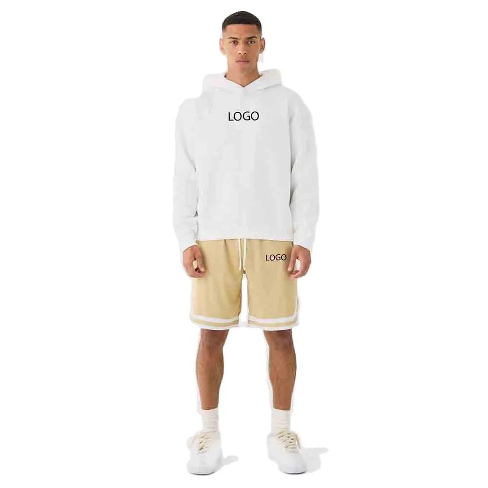 Customizable Printed Beige Shorts White Hoodie Set Men Women Streetwear Two-Piece Contrast Trim Gym Co-ord Tracksuit Breathable