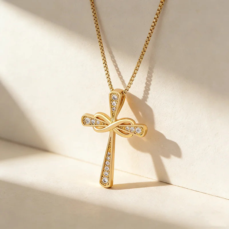 QIKU Hypoallergenic Minimal Geometric Christian Cross Infinity Zirconia Aesthetic Popular Necklace Jewelry for Women Daily