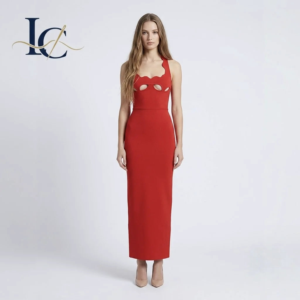 Elegant Red Halter Neck Cutout Backless Sleeveless Midi Bodycon Luxury Evening Party Bandage Dress MegaBDM