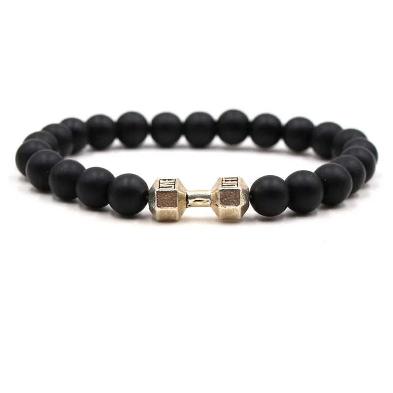 Bestone Hot Selling Adjustable 8mm Frosted Stone Lava Gym Dumbbell Unisex Bracelet