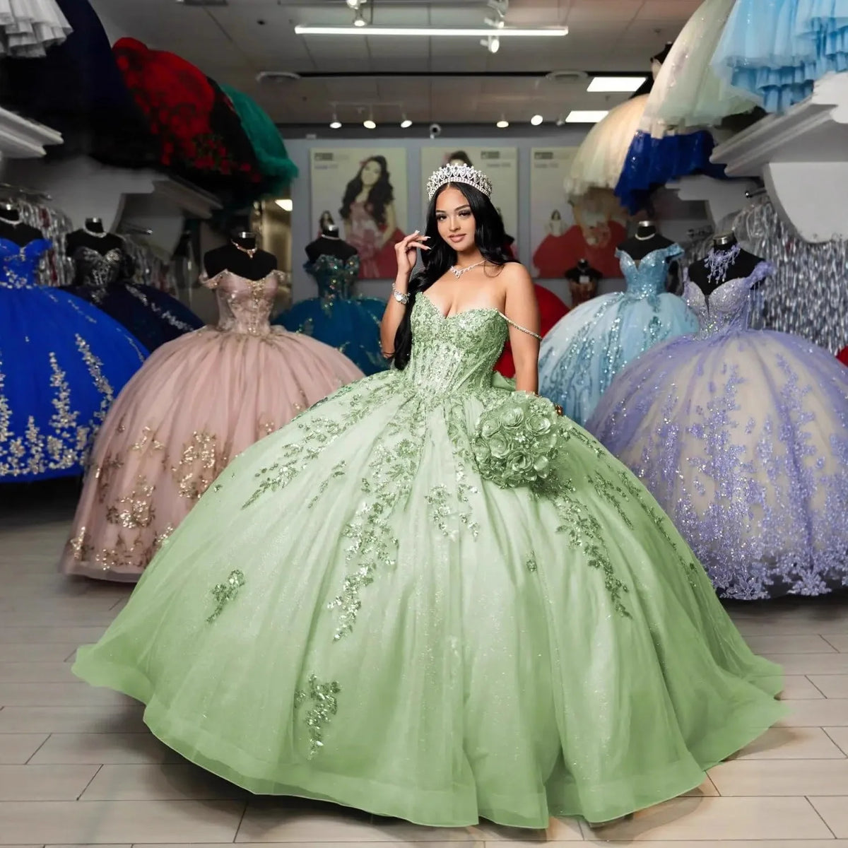 Luxury Mint Green Quinceanera Ball Gown Off Shoulder Beaded Lace Applique Corset Princess Prom Evening Dress MegaBDM