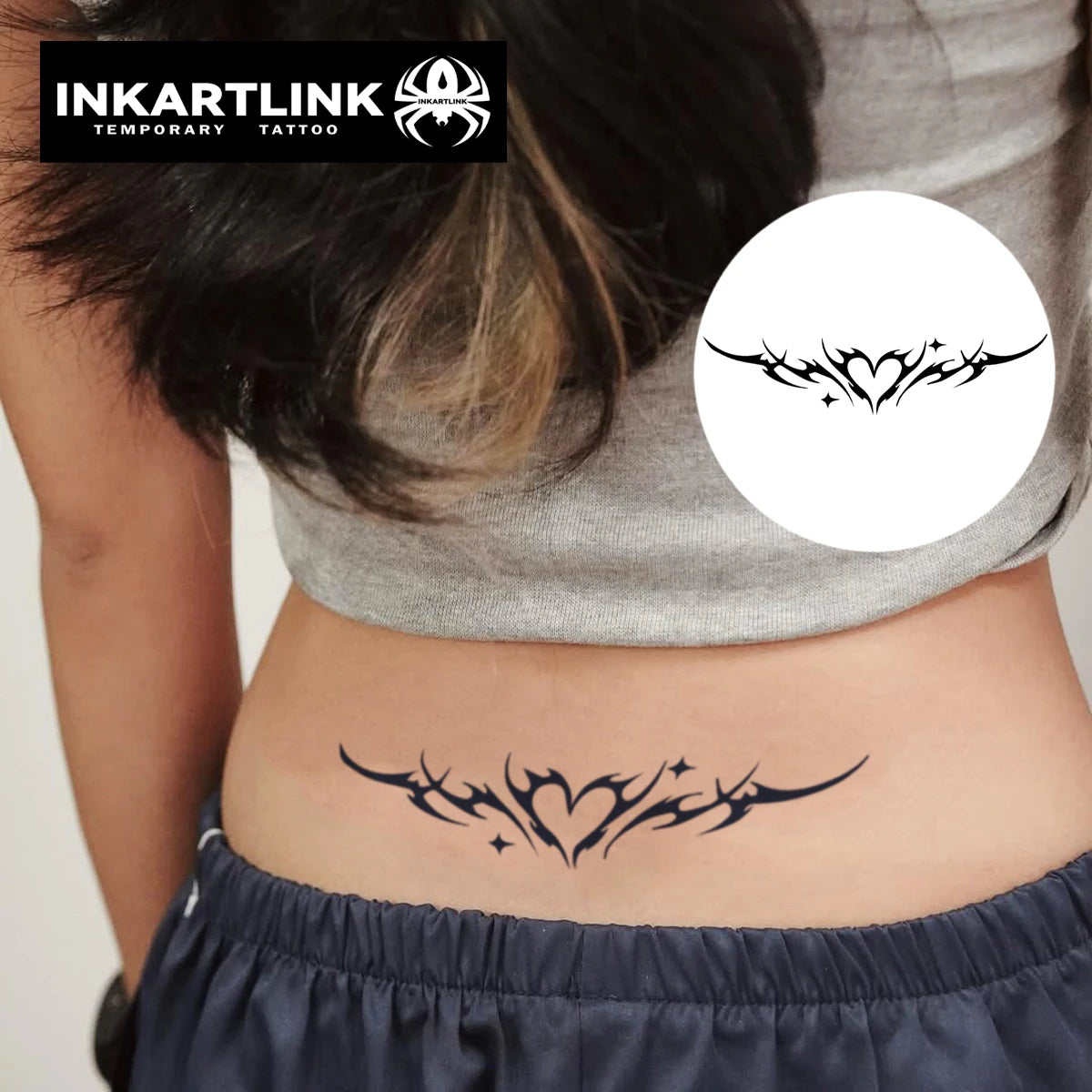 INKARTLINK Cyber Heart Tattoo Sticker Starry Tribal Lower Back Totem Herbal 15 Days Semi-permanent Body Art Waist Wholesale