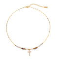 Ins Bohemian 18K Gold Plated Gemstone  Fresh Water Pearl Zirconia Cross Beaded Pendant Necklace for Girls