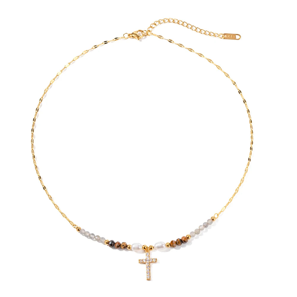 Ins Bohemian 18K Gold Plated Gemstone  Fresh Water Pearl Zirconia Cross Beaded Pendant Necklace for Girls