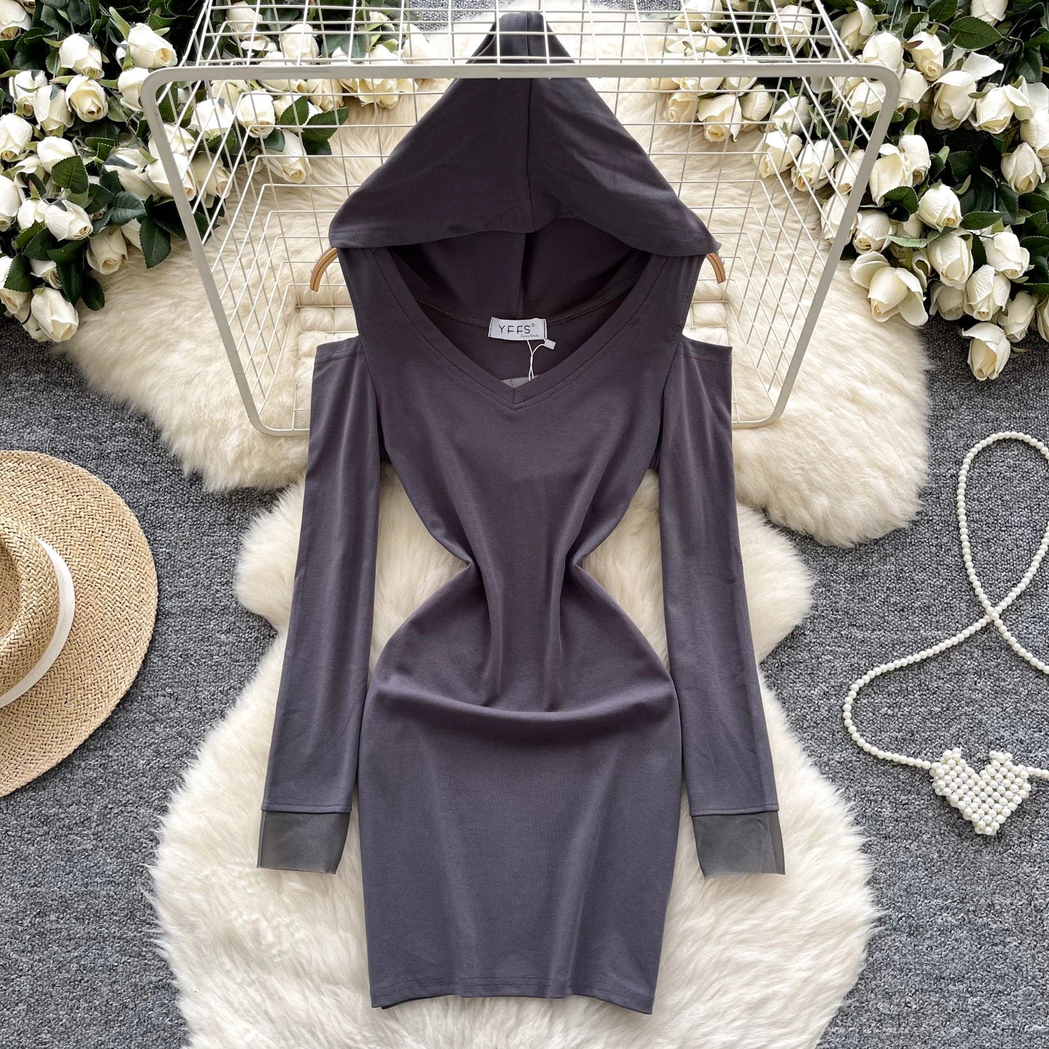 Spring Y2K Hooded Collar Slim Hip Midi Dress For Women Empire Hollow Out Lace Dress
