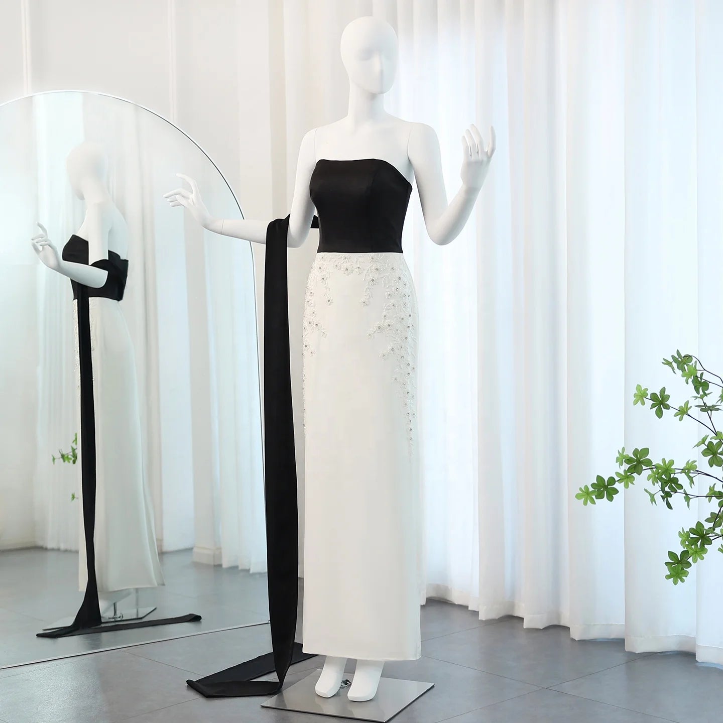 Jancember SZ419 Simple Strapless Black and White Evening Party Gowns Prom Dresses
