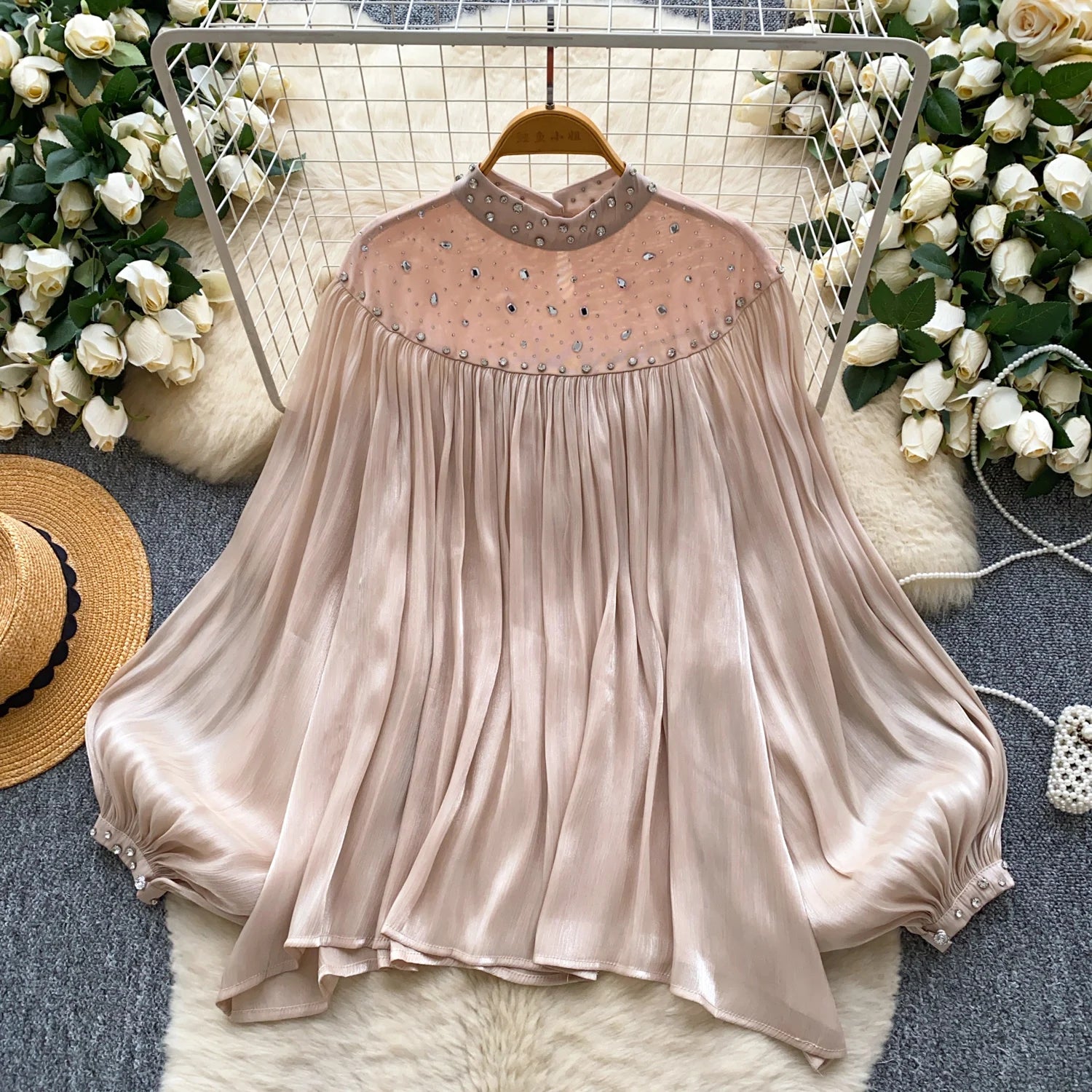 Autumn Full Sleeve Casual Mesh Blouses Women Lantern Sleeve Solid Shirts Ladies Elegant Tops Clothes Women Wholesale