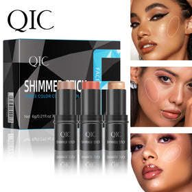 QIC 3 in 1 Highlighter with Good Shimmer Stereoscopic Face Makeup Smooth and Lightweight Mineral Blush Shadow Stick Sets
