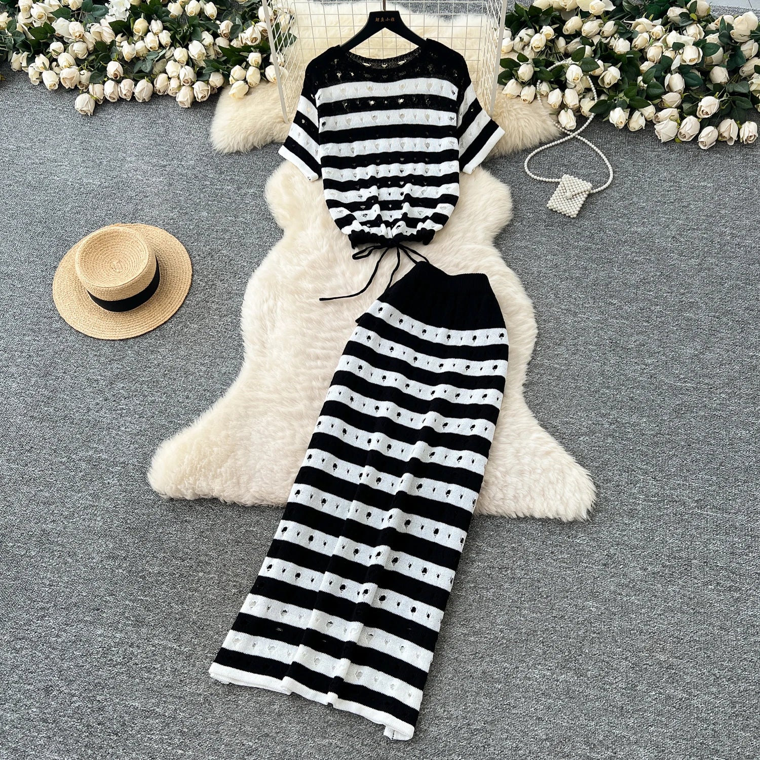 Summer Women's Korean Sets Tunic Bandage Top And High Waist Floral Printed Knitted Hip Skirts Set Clothing Wholesale